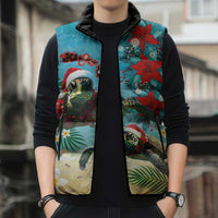 Hawaiian Mele Kalikimaka Sleeveless Puffer Jacket Tropical Xmas Turtles Red Poinsettia Watercolor LT03 - Polynesian Pride