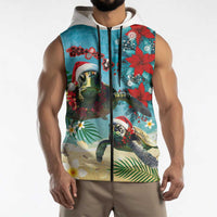 Hawaiian Mele Kalikimaka Sleeveless Zip Hoodie Tropical Xmas Turtles Red Poinsettia Watercolor LT03 - Polynesian Pride