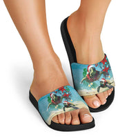 Hawaiian Mele Kalikimaka Slide Sandals Tropical Xmas Turtles Red Poinsettia Watercolor LT03 - Polynesian Pride