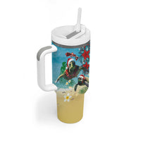 Hawaiian Mele Kalikimaka Tumbler With Handle Tropical Xmas Turtles Red Poinsettia Watercolor LT03 - Polynesian Pride