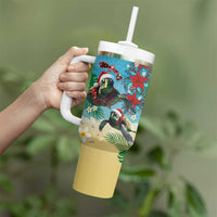 Hawaiian Mele Kalikimaka Tumbler With Handle Tropical Xmas Turtles Red Poinsettia Watercolor LT03 - Polynesian Pride