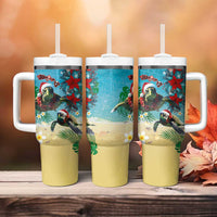 Hawaiian Mele Kalikimaka Tumbler With Handle Tropical Xmas Turtles Red Poinsettia Watercolor LT03 - Polynesian Pride