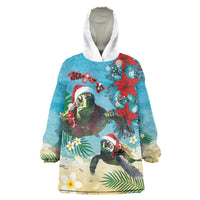 Hawaiian Mele Kalikimaka Wearable Blanket Hoodie Tropical Xmas Turtles Red Poinsettia Watercolor LT03 One Size Multicolor - Polynesian Pride