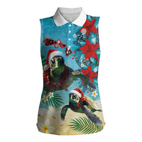 Hawaiian Mele Kalikimaka Women Sleeveless Polo Shirt Tropical Xmas Turtles Red Poinsettia Watercolor LT03 Female Multicolor - Polynesian Pride