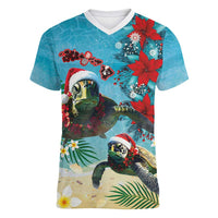 Hawaiian Mele Kalikimaka Women V-Neck T-Shirt Tropical Xmas Turtles Red Poinsettia Watercolor LT03 Female Multicolor - Polynesian Pride