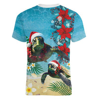 Hawaiian Mele Kalikimaka Women V-Neck T-Shirt Tropical Xmas Turtles Red Poinsettia Watercolor LT03 - Polynesian Pride