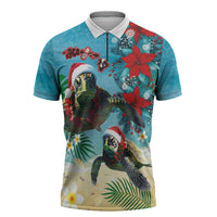 Hawaiian Mele Kalikimaka Zipper Polo Shirt Tropical Xmas Turtles Red Poinsettia Watercolor LT03 Multicolor - Polynesian Pride