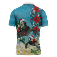 Hawaiian Mele Kalikimaka Zipper Polo Shirt Tropical Xmas Turtles Red Poinsettia Watercolor LT03 - Polynesian Pride