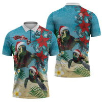 Hawaiian Mele Kalikimaka Zipper Polo Shirt Tropical Xmas Turtles Red Poinsettia Watercolor LT03 - Polynesian Pride