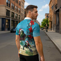 Hawaiian Mele Kalikimaka Zipper Polo Shirt Tropical Xmas Turtles Red Poinsettia Watercolor LT03 - Polynesian Pride