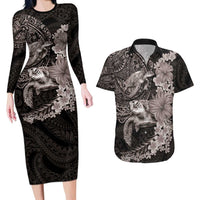 Hawaiian Plumeria and Hibiscus with Turtles Couples Matching Long Sleeve Bodycon Dress and Hawaiian Shirt Polynesian Art Grayscale LT03 Black - Polynesian Pride