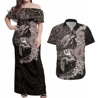 Hawaiian Plumeria and Hibiscus with Turtles Couples Matching Off Shoulder Maxi Dress and Hawaiian Shirt Polynesian Art Grayscale LT03 Black - Polynesian Pride