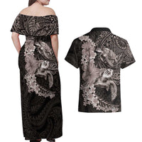 Hawaiian Plumeria and Hibiscus with Turtles Couples Matching Off Shoulder Maxi Dress and Hawaiian Shirt Polynesian Art Grayscale LT03 - Polynesian Pride