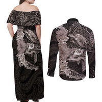 Hawaiian Plumeria and Hibiscus with Turtles Couples Matching Off Shoulder Maxi Dress and Long Sleeve Button Shirt Polynesian Art Grayscale LT03 - Polynesian Pride
