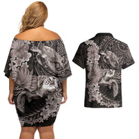 Hawaiian Plumeria and Hibiscus with Turtles Couples Matching Off Shoulder Short Dress and Hawaiian Shirt Polynesian Art Grayscale LT03 - Polynesian Pride