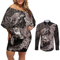 Hawaiian Plumeria and Hibiscus with Turtles Couples Matching Off Shoulder Short Dress and Long Sleeve Button Shirt Polynesian Art Grayscale LT03 Black - Polynesian Pride