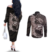 Hawaiian Plumeria and Hibiscus with Turtles Couples Matching Off The Shoulder Long Sleeve Dress and Long Sleeve Button Shirt Polynesian Art Grayscale LT03 - Polynesian Pride