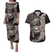 Hawaiian Plumeria and Hibiscus with Turtles Couples Matching Puletasi and Hawaiian Shirt Polynesian Art Grayscale LT03 Black - Polynesian Pride