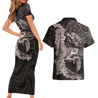 Hawaiian Plumeria and Hibiscus with Turtles Couples Matching Short Sleeve Bodycon Dress and Hawaiian Shirt Polynesian Art Grayscale LT03 - Polynesian Pride