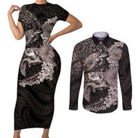 Hawaiian Plumeria and Hibiscus with Turtles Couples Matching Short Sleeve Bodycon Dress and Long Sleeve Button Shirt Polynesian Art Grayscale LT03 Black - Polynesian Pride