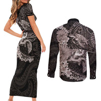 Hawaiian Plumeria and Hibiscus with Turtles Couples Matching Short Sleeve Bodycon Dress and Long Sleeve Button Shirt Polynesian Art Grayscale LT03 - Polynesian Pride