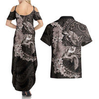 Hawaiian Plumeria and Hibiscus with Turtles Couples Matching Summer Maxi Dress and Hawaiian Shirt Polynesian Art Grayscale LT03 - Polynesian Pride
