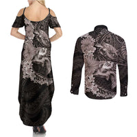 Hawaiian Plumeria and Hibiscus with Turtles Couples Matching Summer Maxi Dress and Long Sleeve Button Shirt Polynesian Art Grayscale LT03 - Polynesian Pride