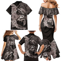 Hawaiian Plumeria and Hibiscus with Turtles Family Matching Mermaid Dress and Hawaiian Shirt Polynesian Art Grayscale LT03 - Polynesian Pride