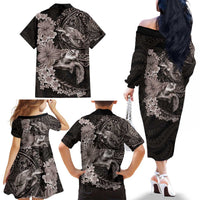 Hawaiian Plumeria and Hibiscus with Turtles Family Matching Off The Shoulder Long Sleeve Dress and Hawaiian Shirt Polynesian Art Grayscale LT03 - Polynesian Pride