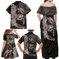 Hawaiian Plumeria and Hibiscus with Turtles Family Matching Off Shoulder Maxi Dress and Hawaiian Shirt Polynesian Art Grayscale LT03 - Polynesian Pride