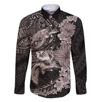 Hawaiian Plumeria and Hibiscus with Turtles Family Matching Off Shoulder Short Dress and Hawaiian Shirt Polynesian Art Grayscale LT03 Dad's Shirt - Long Sleeve Black - Polynesian Pride