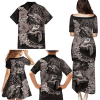 Hawaiian Plumeria and Hibiscus with Turtles Family Matching Puletasi and Hawaiian Shirt Polynesian Art Grayscale LT03 - Polynesian Pride