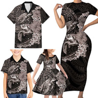 Hawaiian Plumeria and Hibiscus with Turtles Family Matching Short Sleeve Bodycon Dress and Hawaiian Shirt Polynesian Art Grayscale LT03 - Polynesian Pride