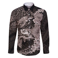 Hawaiian Plumeria and Hibiscus with Turtles Family Matching Short Sleeve Bodycon Dress and Hawaiian Shirt Polynesian Art Grayscale LT03 Dad's Shirt - Long Sleeve Black - Polynesian Pride