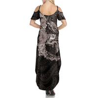 Hawaiian Plumeria and Hibiscus with Turtles Family Matching Summer Maxi Dress and Hawaiian Shirt Polynesian Art Grayscale LT03 - Polynesian Pride