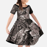 Hawaiian Plumeria and Hibiscus with Turtles Kid Short Sleeve Dress Polynesian Art Grayscale LT03 KID Black - Polynesian Pride