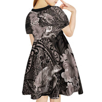 Hawaiian Plumeria and Hibiscus with Turtles Kid Short Sleeve Dress Polynesian Art Grayscale LT03 - Polynesian Pride