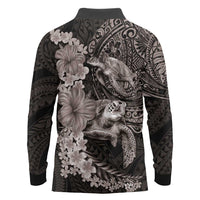 Hawaiian Plumeria and Hibiscus with Turtles Long Sleeve Polo Shirt Polynesian Art Grayscale LT03 - Polynesian Pride