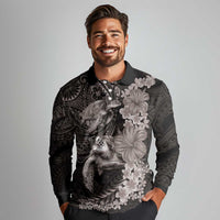 Hawaiian Plumeria and Hibiscus with Turtles Long Sleeve Polo Shirt Polynesian Art Grayscale LT03 - Polynesian Pride
