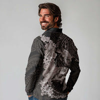 Hawaiian Plumeria and Hibiscus with Turtles Long Sleeve Polo Shirt Polynesian Art Grayscale LT03 - Polynesian Pride