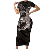Hawaiian Plumeria and Hibiscus with Turtles Short Sleeve Bodycon Dress Polynesian Art Grayscale LT03 Long Dress Black - Polynesian Pride