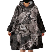 Hawaiian Plumeria and Hibiscus with Turtles Wearable Blanket Hoodie Polynesian Art Grayscale LT03 - Polynesian Pride