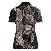 Hawaiian Plumeria and Hibiscus with Turtles Women Polo Shirt Polynesian Art Grayscale LT03 - Polynesian Pride