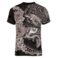 Hawaiian Plumeria and Hibiscus with Turtles Women V-Neck T-Shirt Polynesian Art Grayscale LT03 - Polynesian Pride