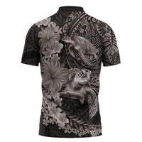 Hawaiian Plumeria and Hibiscus with Turtles Zipper Polo Shirt Polynesian Art Grayscale LT03 - Polynesian Pride