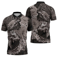 Hawaiian Plumeria and Hibiscus with Turtles Zipper Polo Shirt Polynesian Art Grayscale LT03 - Polynesian Pride