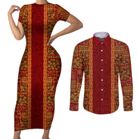 Hawaii Style Hibiscus and Tribal Element Fabric Patchwork Couples Matching Short Sleeve Bodycon Dress and Long Sleeve Button Shirt LT03 Red - Polynesian Pride