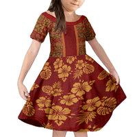 Hawaii Style Hibiscus and Tribal Element Fabric Patchwork Family Matching Off Shoulder Maxi Dress and Hawaiian Shirt LT03 Daughter's Dress Red - Polynesian Pride