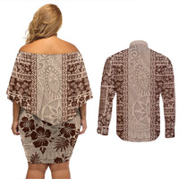 Hawaii Style Hibiscus and Tribal Element Fabric Patchwork Couples Matching Off Shoulder Short Dress and Long Sleeve Button Shirt Beige Version LT03 - Polynesian Pride
