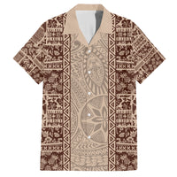 Hawaii Style Hibiscus and Tribal Element Fabric Patchwork Family Matching Long Sleeve Bodycon Dress and Hawaiian Shirt Beige Version LT03 Dad's Shirt - Short Sleeve Beige - Polynesian Pride